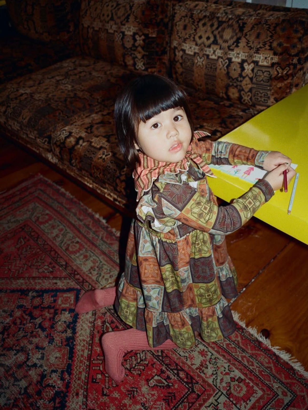 Misha&Puff+ Ruffle Sleeve Dress - Chili Spice Cross Stitch – slow